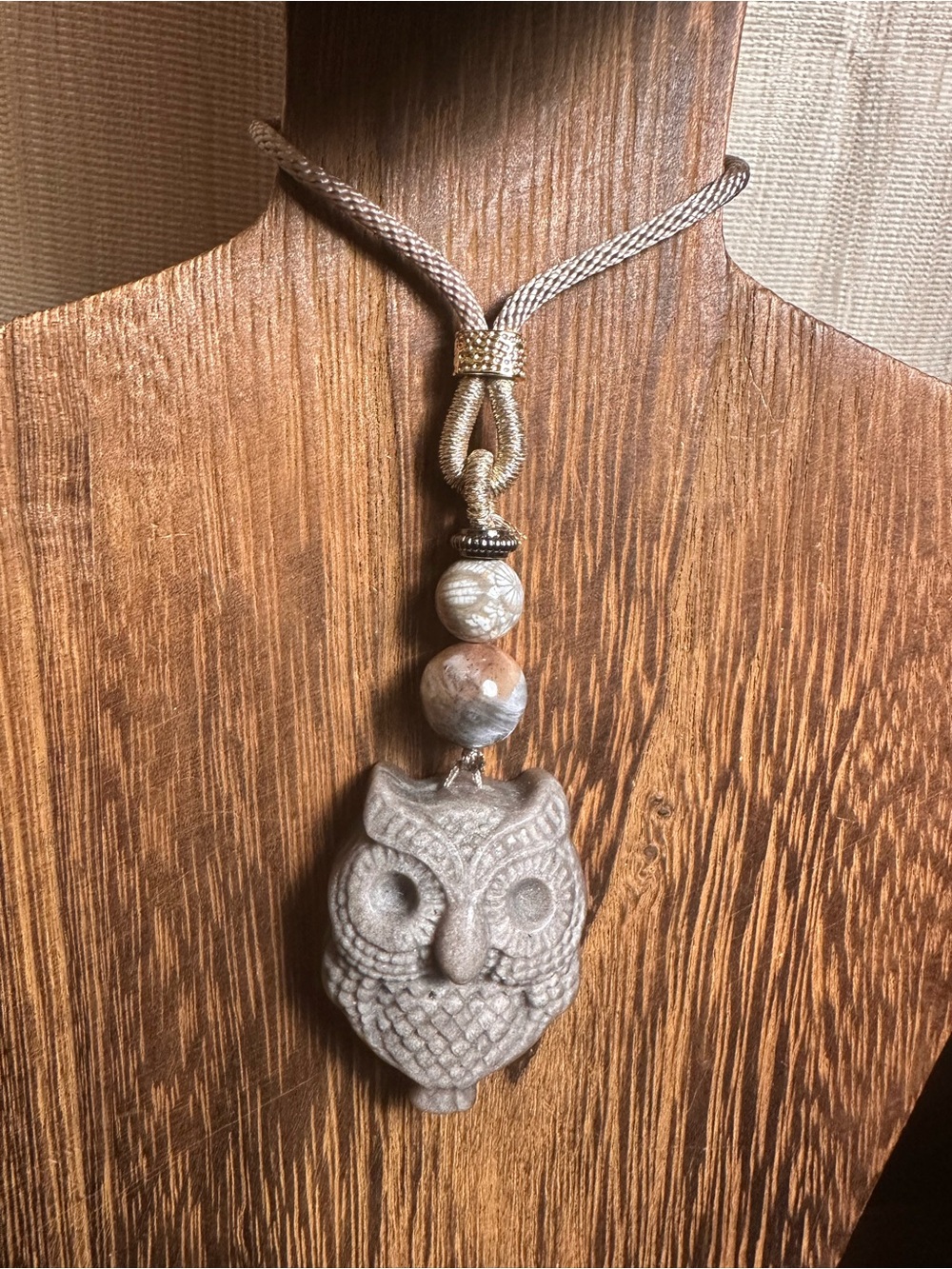 Alashan Agate Owl Pendant Necklace with Sunstone and Coral Fossil on Rope - Picture 2 of 12